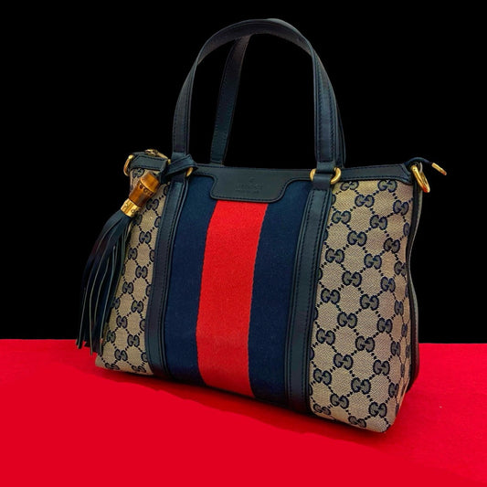 GUCCI Handbag canvas Navy Sherry line