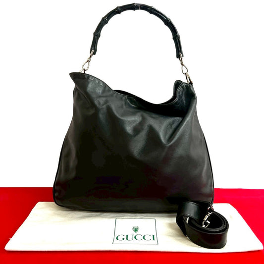 GUCCI Shoulder Bag leather black Bamboo