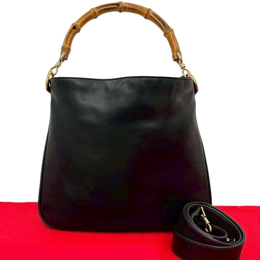 GUCCI Shoulder Bag leather black Bamboo