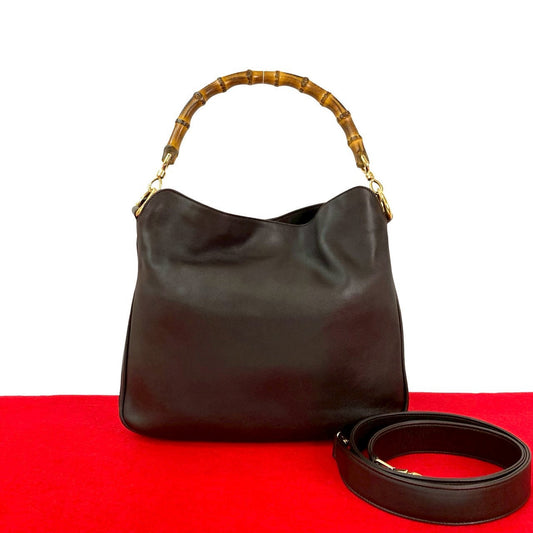 GUCCI Shoulder Bag leather Brown Bamboo