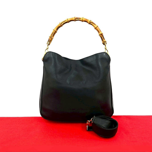 GUCCI Shoulder Bag leather black Bamboo