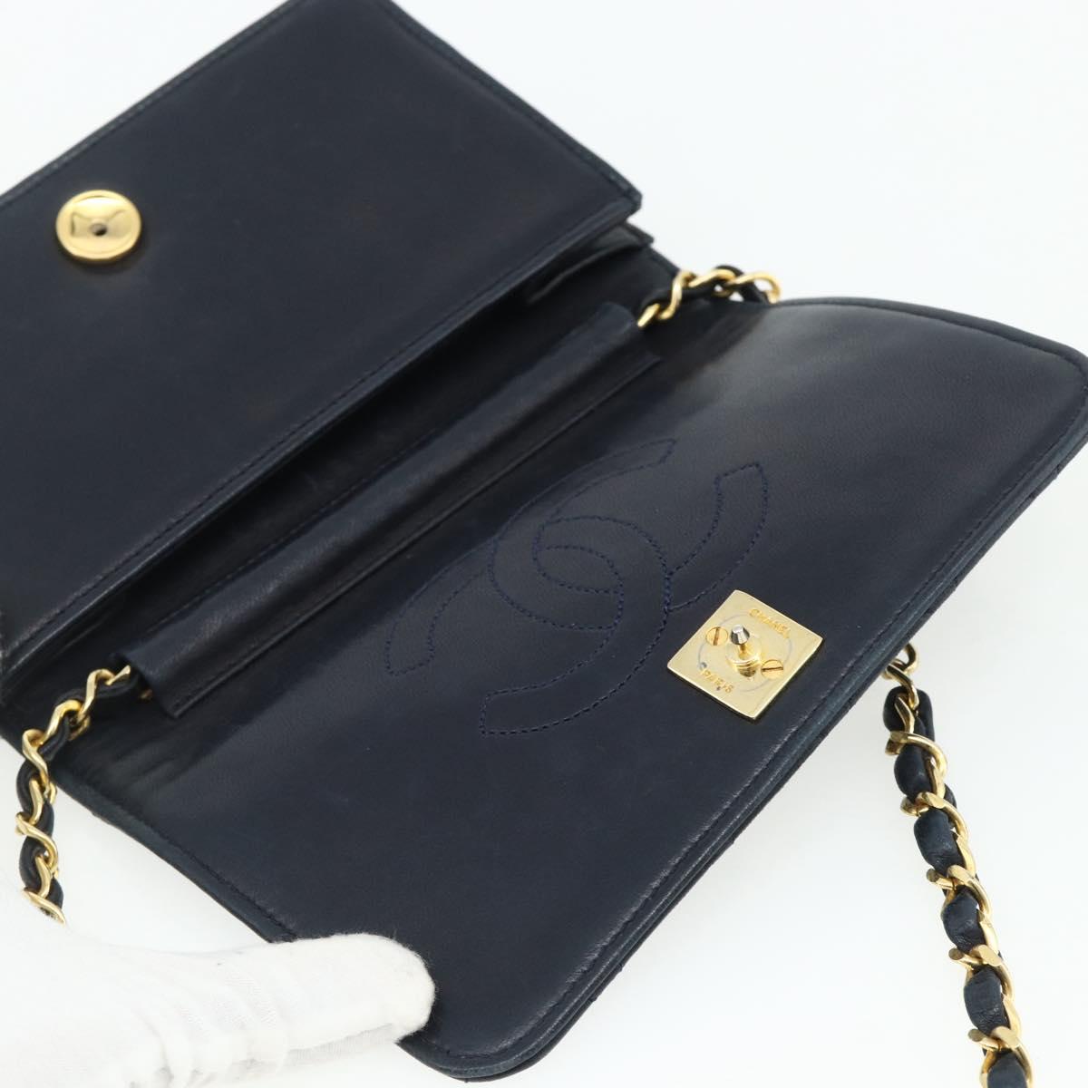 CHANEL Push Lock Chain Shoulder Bag Lambskin Navy Gold CC