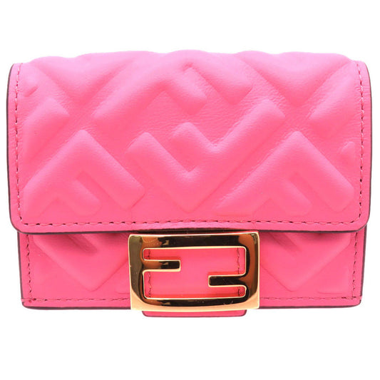 FENDI Tri-fold wallet 8M0395 leather pink Baguette Micro Zucca Women Used Authentic