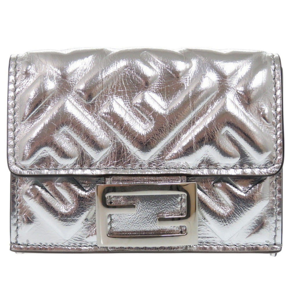 FENDI Tri-fold wallet 8M0395 leather Silver Baguette Micro FF Logo Women Used Authentic