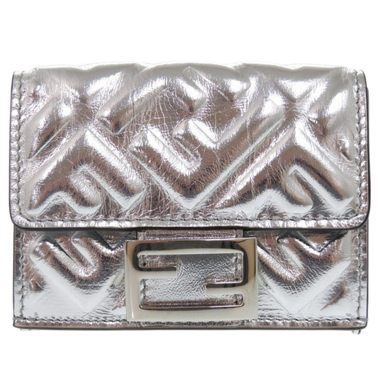 FENDI Tri-fold wallet 8M0395 leather Silver Baguette Micro FF Logo Women Used Authentic