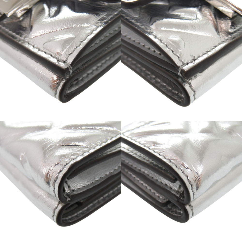 FENDI Tri-fold wallet 8M0395 leather Silver Baguette Micro FF Logo Women Used Authentic