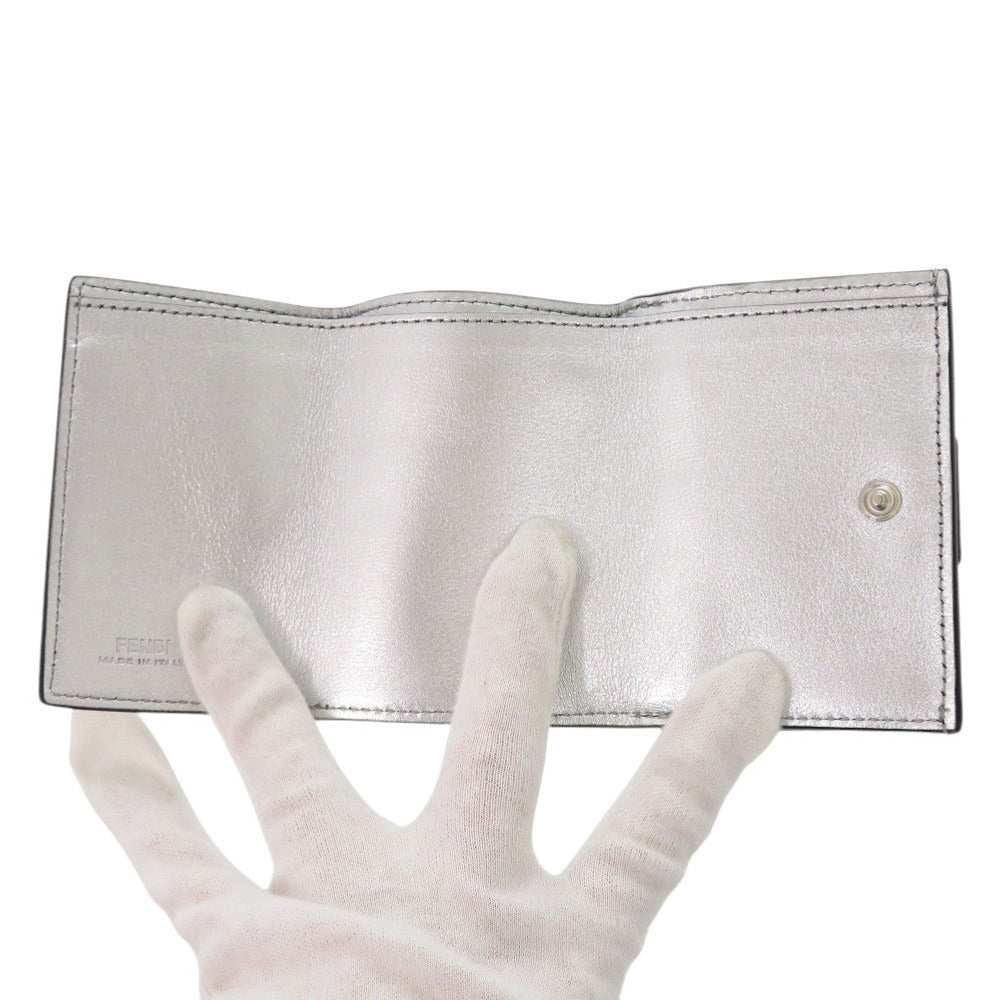 FENDI Tri-fold wallet 8M0395 leather Silver Baguette Micro FF Logo Women Used Authentic