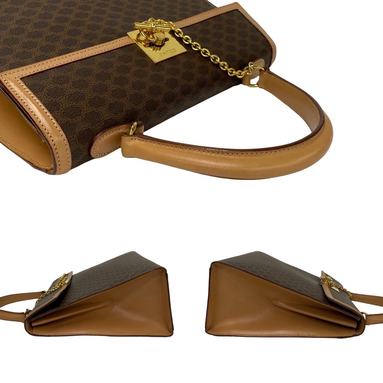 CELINE Handbag Leather, PVC Brown Macadam Blason Triomphe logo ring Metal Women Used Authentic