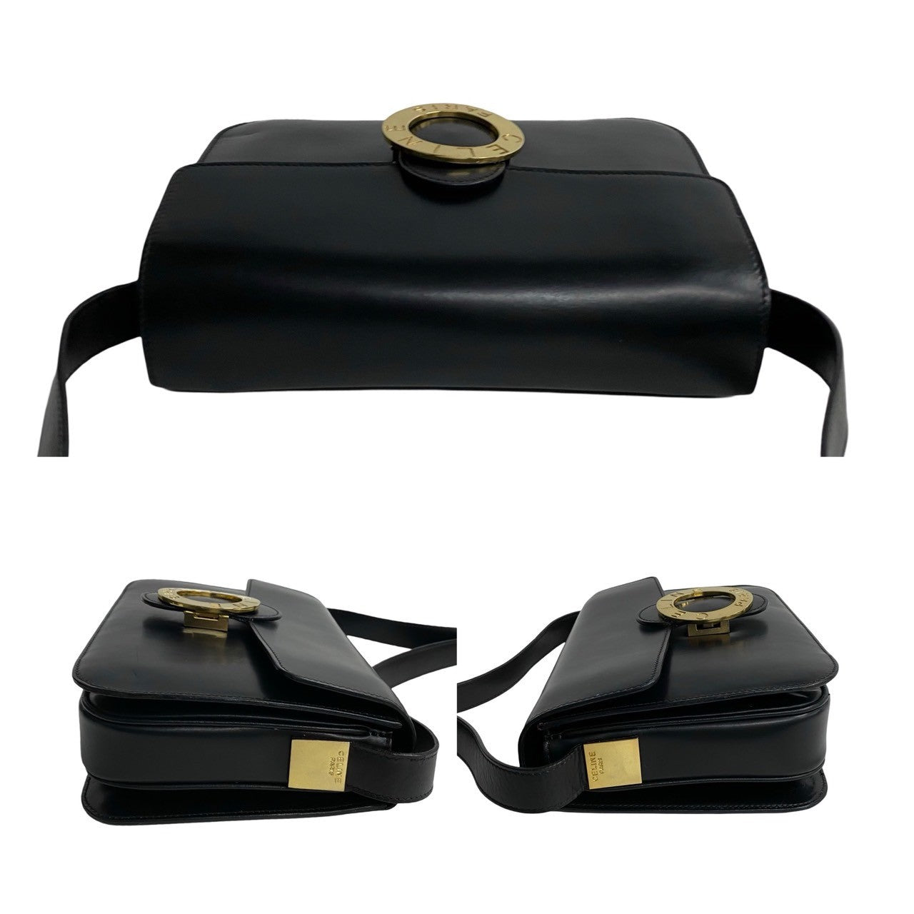 CELINE Shoulder Bag leather black Circle logo Metal Women Used Authentic