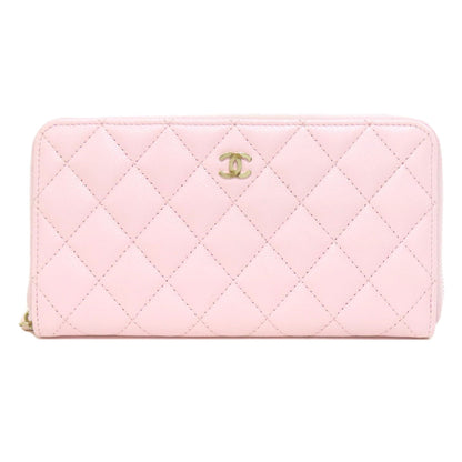 CHANEL Long Wallet Purse Grained Calfskin Skin pink Matelasse COCO Mark Gold Metal Women Used Authentic