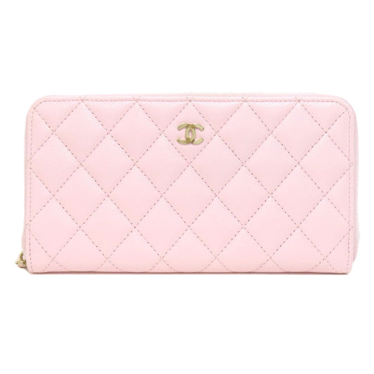 CHANEL Long Wallet Purse Grained Calfskin Skin pink Matelasse COCO Mark Gold Metal Women Used Authentic
