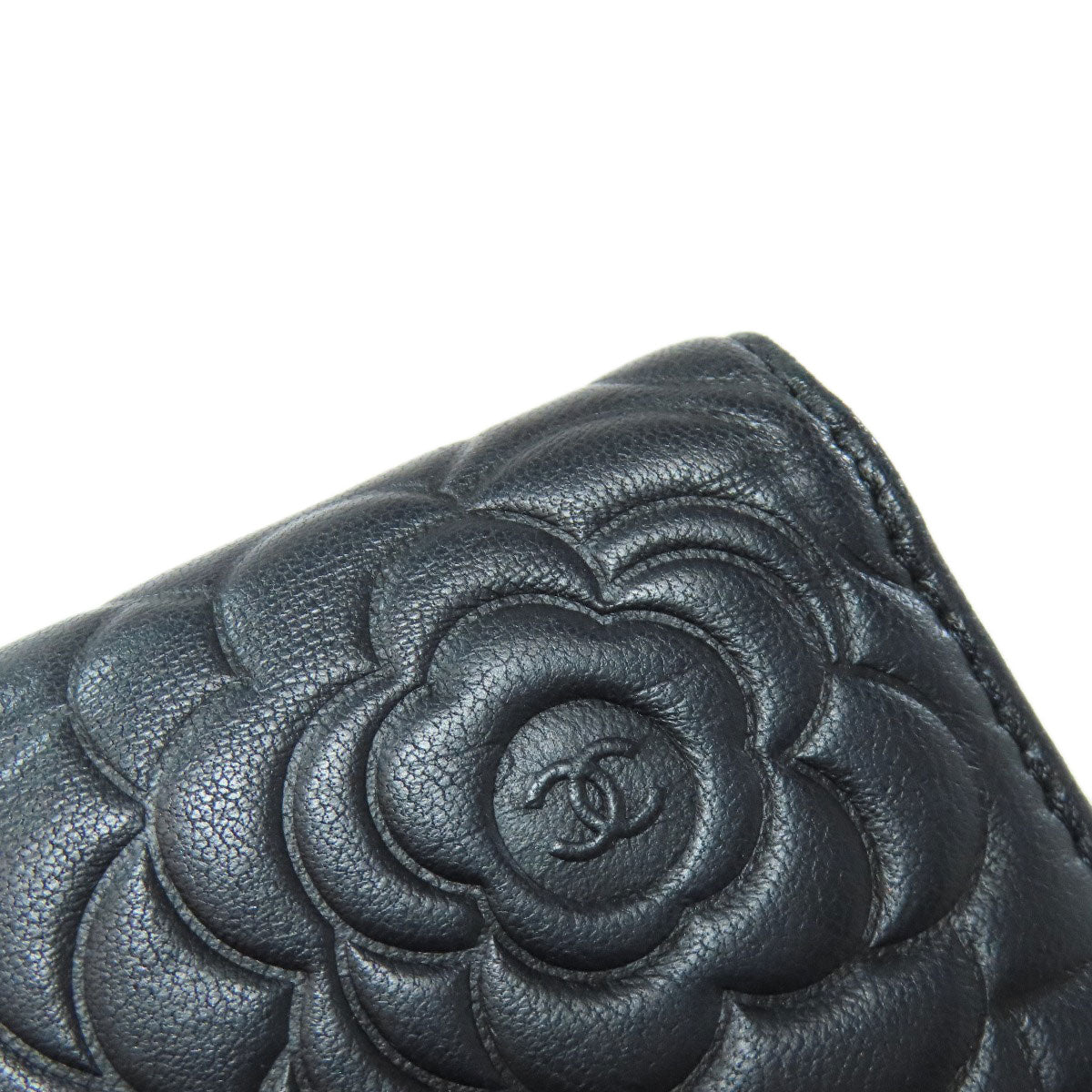 CHANEL Long Wallet Purse lambskin black Camellia COCO Mark SilverMetal Women Used Authentic