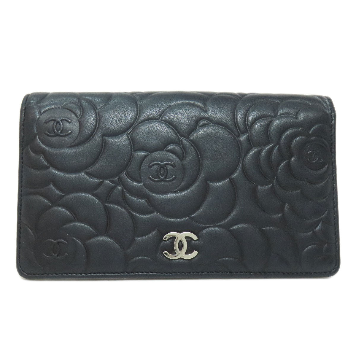 CHANEL Long Wallet Purse lambskin black Camellia COCO Mark SilverMetal Women Used Authentic