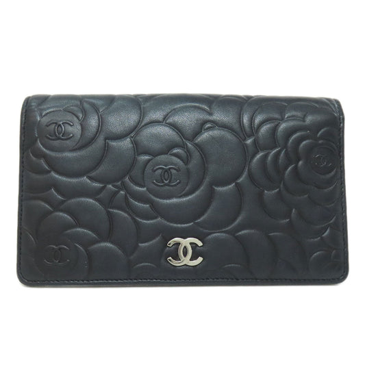 CHANEL Long Wallet Purse lambskin black Camellia COCO Mark SilverMetal Women Used Authentic