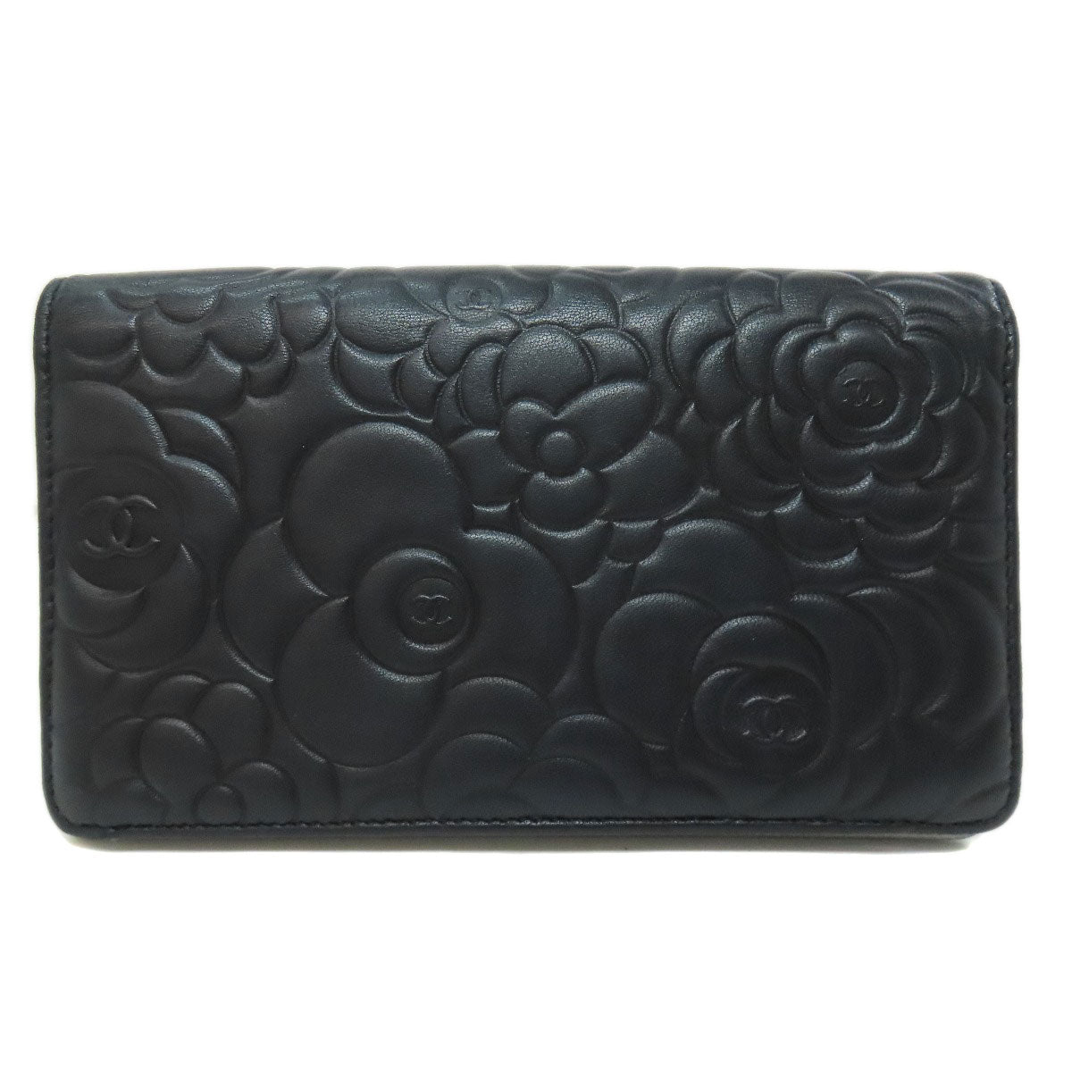 CHANEL Long Wallet Purse lambskin black Camellia COCO Mark SilverMetal Women Used Authentic
