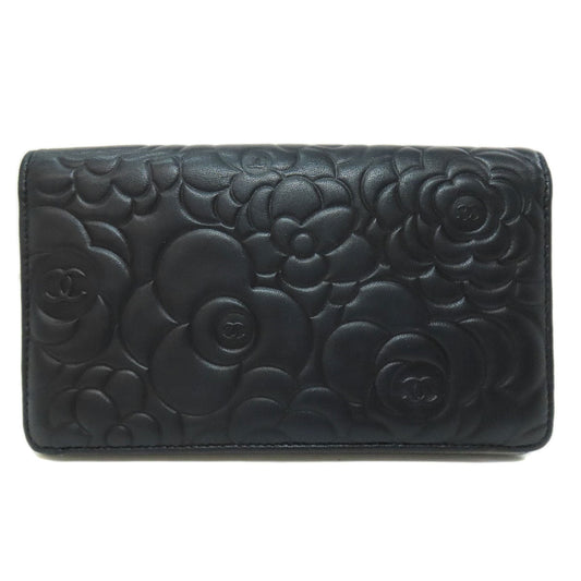 CHANEL Long Wallet Purse lambskin black Camellia COCO Mark SilverMetal Women Used Authentic