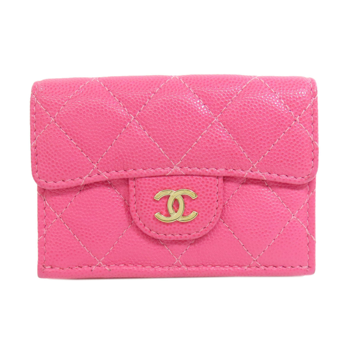 CHANEL Bifold Wallet Grained Calfskin Skin pink COCO Mark Gold Metal Tri-fold Wallet Women Used Authentic