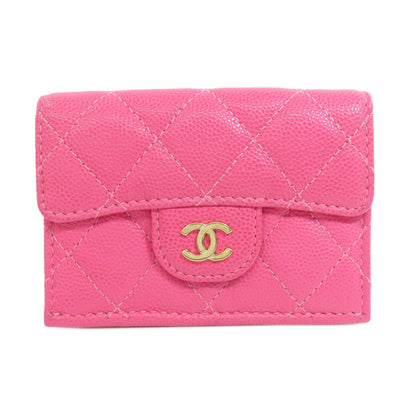 CHANEL Bifold Wallet Grained Calfskin Skin pink COCO Mark Gold Metal Tri-fold Wallet Women Used Authentic