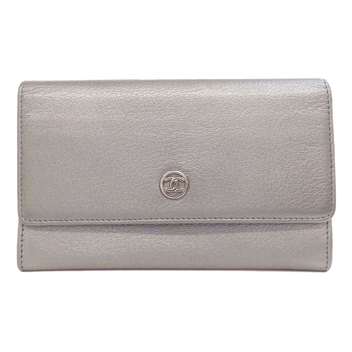 CHANEL Long Wallet Purse Calfskin Silver COCO Mark SilverMetal Women Used Authentic