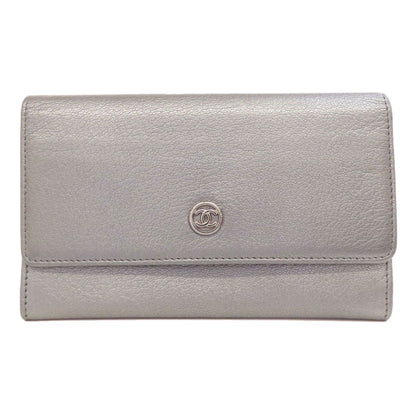 CHANEL Long Wallet Purse Calfskin Silver COCO Mark SilverMetal Women Used Authentic