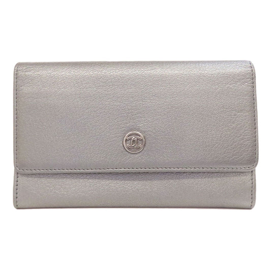 CHANEL Long Wallet Purse Calfskin Silver COCO Mark SilverMetal Women Used Authentic