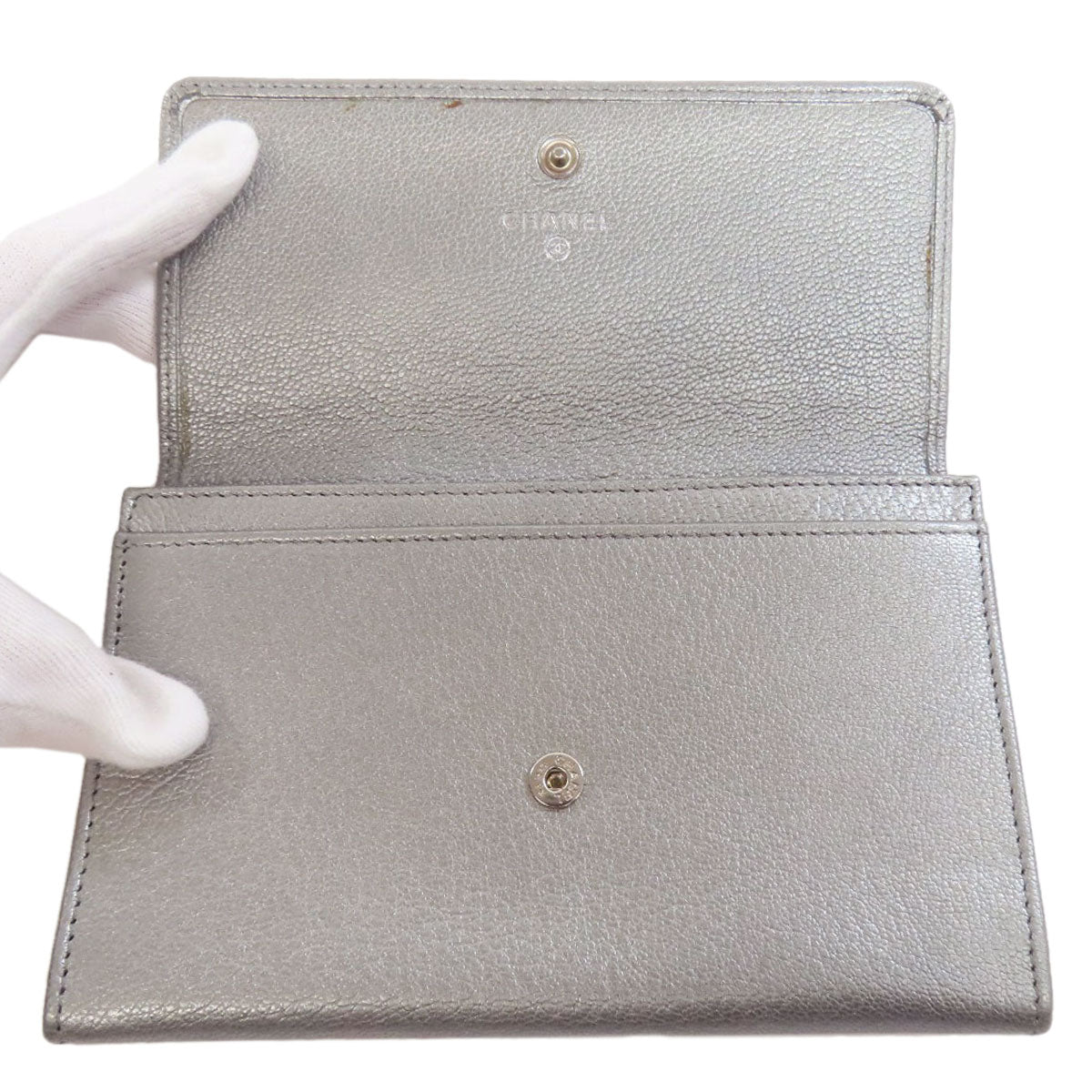 CHANEL Long Wallet Purse Calfskin Silver COCO Mark SilverMetal Women Used Authentic