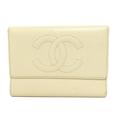 CHANEL Bifold Wallet Grained Calfskin Skin yellow COCO Mark Gold Metal Women Used Authentic