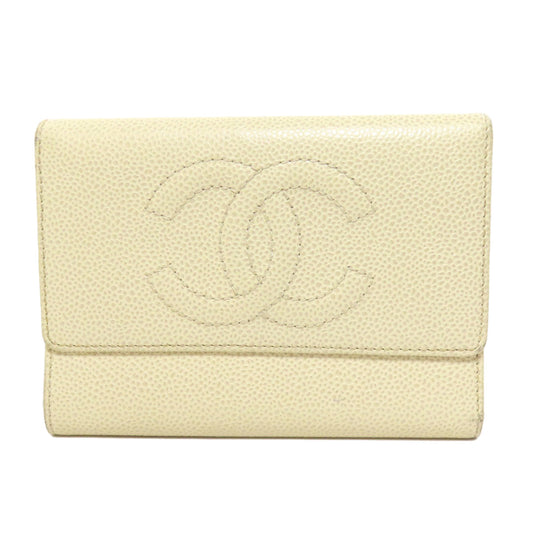 CHANEL Bifold Wallet Grained Calfskin Skin yellow COCO Mark Gold Metal Women Used Authentic