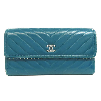CHANEL Long Wallet Purse Calfskin blue Vstitch COCO Mark SilverMetal Women Used Authentic