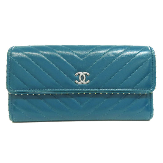 CHANEL Long Wallet Purse Calfskin blue Vstitch COCO Mark SilverMetal Women Used Authentic