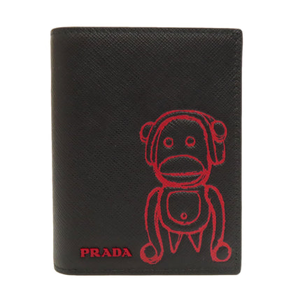 PRADA Bifold Wallet 1MV204 Safiano black Monkey Print Women Used Authentic