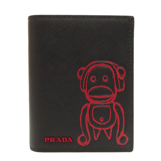 PRADA Bifold Wallet 1MV204 Safiano black Monkey Print Women Used Authentic