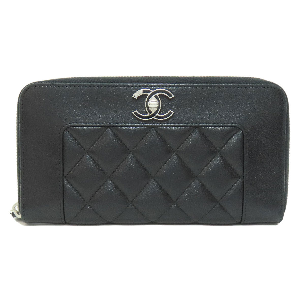 CHANEL Long Wallet Purse lambskin black Mademoiselle SilverMetal Women Used Authentic