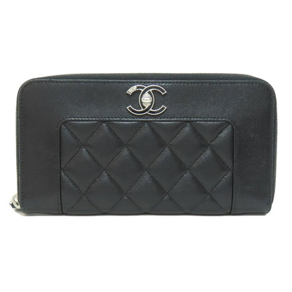 CHANEL Long Wallet Purse lambskin black Mademoiselle SilverMetal Women Used Authentic