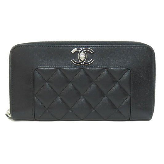 CHANEL Long Wallet Purse lambskin black Mademoiselle SilverMetal Women Used Authentic