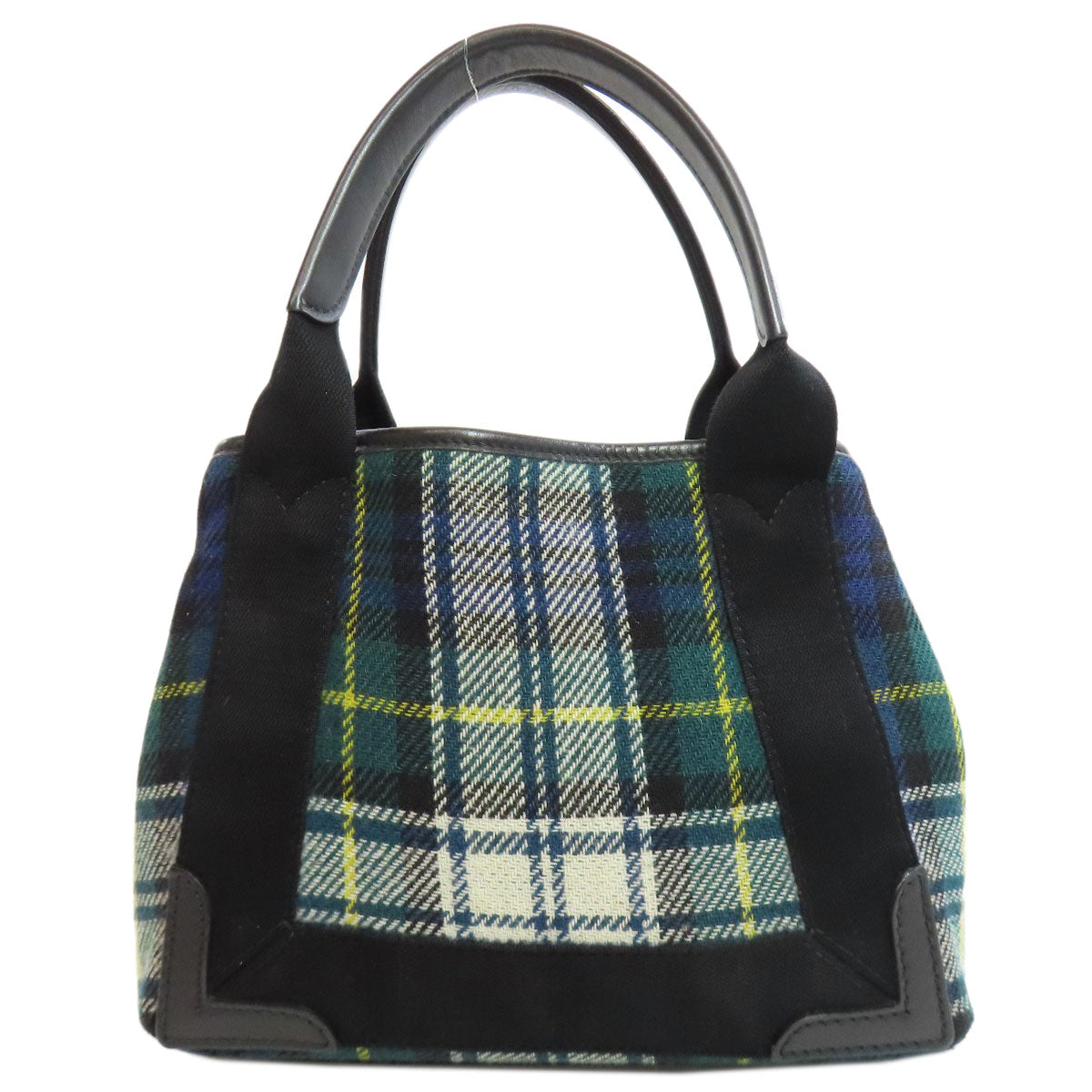 BALENCIAGA Handbag 390346 Wool, Leather green Navy Cabas XS Check Pattern 2WAY Women Used Authentic