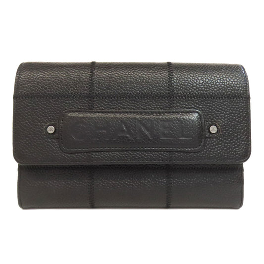 CHANEL Bifold Wallet Grained Calfskin Skin black Chocolate bar Silver Metal Women Used Authentic