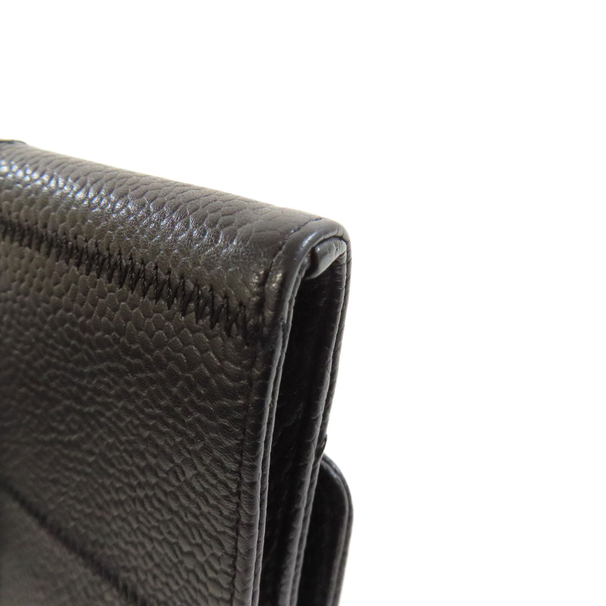 CHANEL Bifold Wallet Grained Calfskin Skin black Chocolate bar Silver Metal Women Used Authentic
