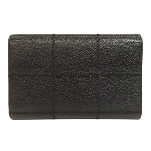 CHANEL Bifold Wallet Grained Calfskin Skin black Chocolate bar Silver Metal Women Used Authentic