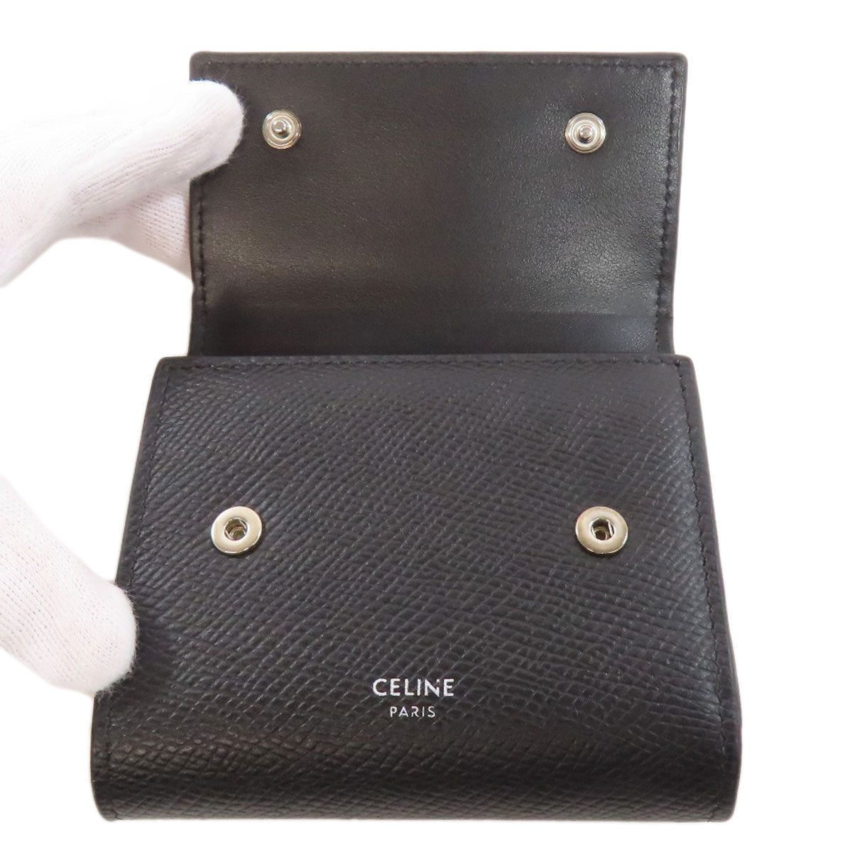 CELINE Bifold Wallet Calfskin black logo Women Used Authentic