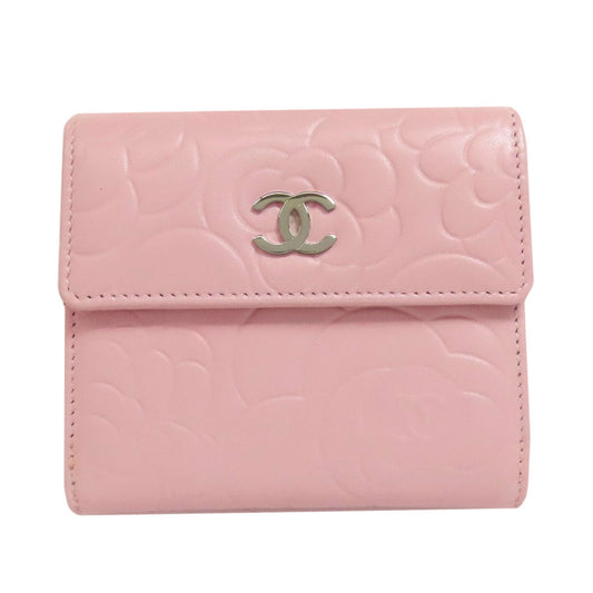 CHANEL Bifold Wallet Calfskin pink Camellia COCO Mark SilverMetal