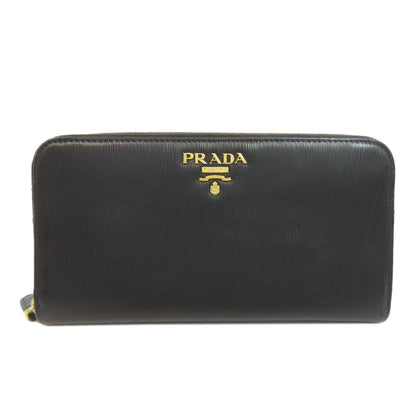 PRADA Long Wallet Purse leather black Zip Around Women Used Authentic
