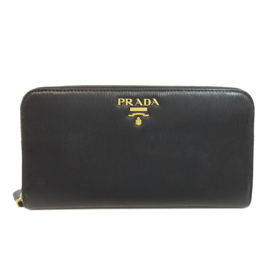 PRADA Long Wallet Purse leather black Zip Around Women Used Authentic
