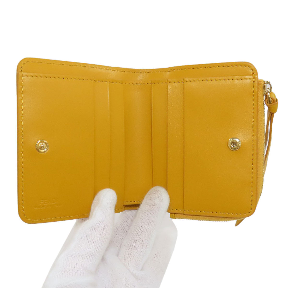 FENDI Bifold Wallet leather yellow FF Cube Women Used Authentic