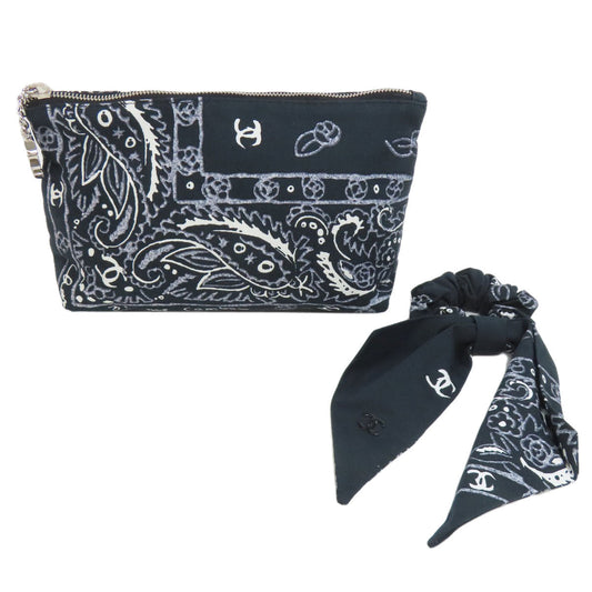 CHANEL Cosmetics Pouch cotton black Paisley Pattern Silver Metal with Scrunchie