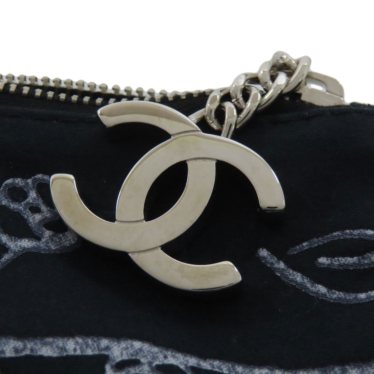 CHANEL Cosmetics Pouch cotton black Paisley Pattern Silver Metal with Scrunchie
