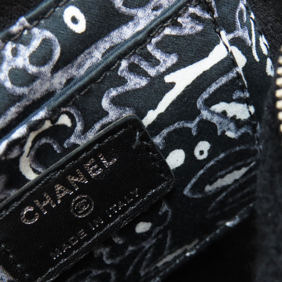 CHANEL Cosmetics Pouch cotton black Paisley Pattern Silver Metal with Scrunchie