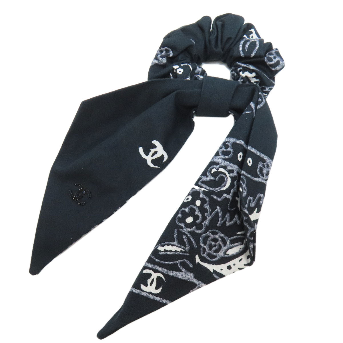 CHANEL Cosmetics Pouch cotton black Paisley Pattern Silver Metal with Scrunchie