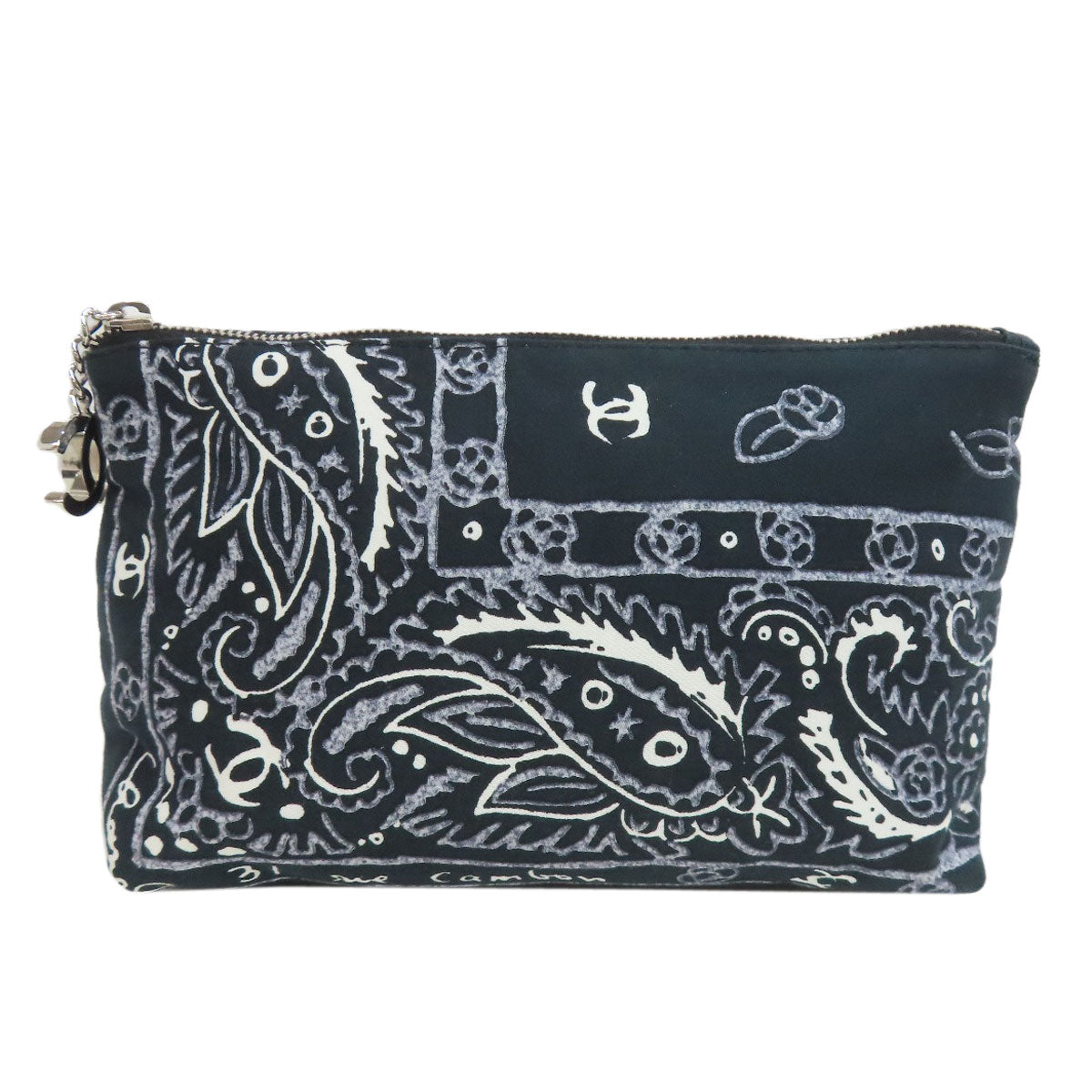CHANEL Cosmetics Pouch cotton black Paisley Pattern Silver Metal with Scrunchie