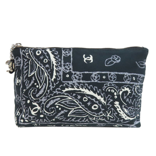 CHANEL Cosmetics Pouch cotton black Paisley Pattern Silver Metal with Scrunchie